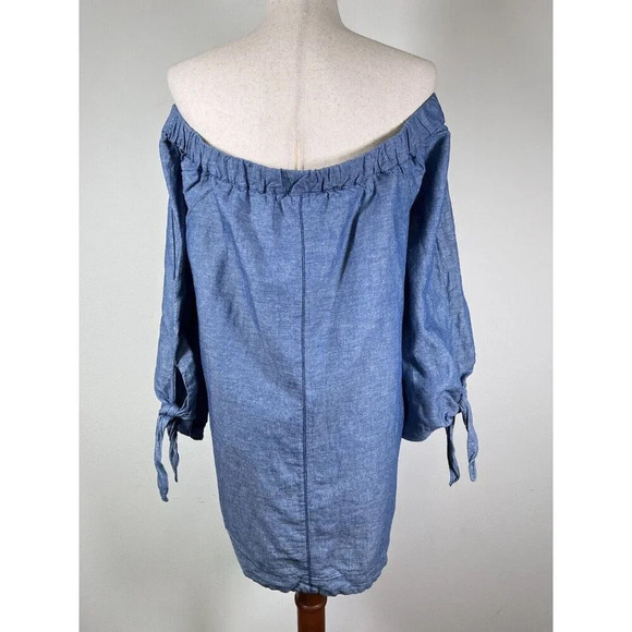 Free People Denim Off The Shoulder Top Size Medium Chambray Blouse Blue Summer - Picture 3 of 16